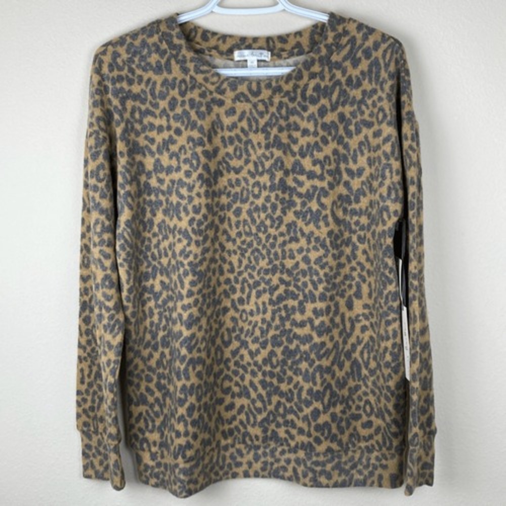 Nine Britton Womens Leopard Print Brushed Knit Pullover Top Tan Grey XS NEW